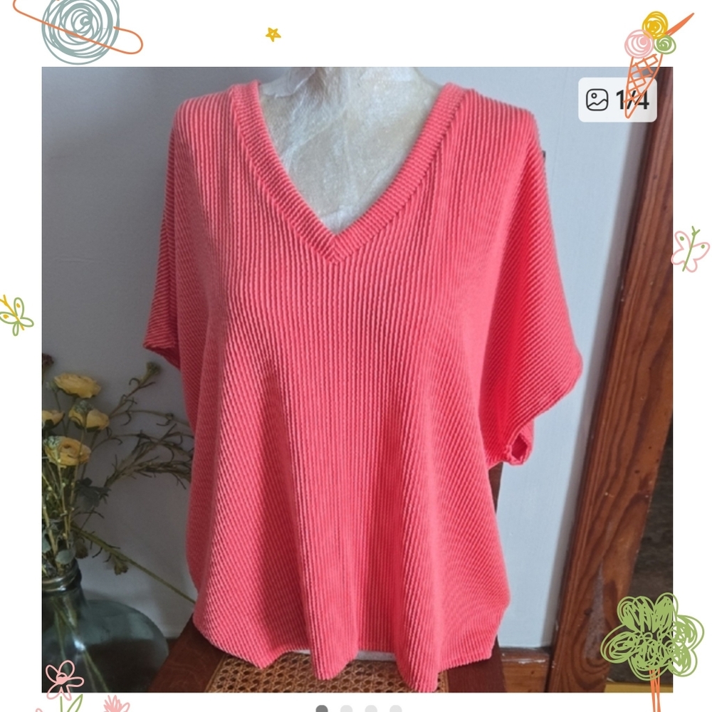 NWT C'est la Vie Women's V-Neck Ribbed Tunic Top in Coral Size 1x